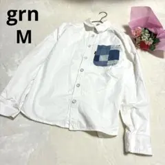 grn ホワイト コットン チェックポケットロングスリーブシャツ メンズ 白 M