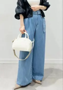 ライト　デニム　ベルテッド　ワイド　パンツ　63　ブルー　L　ジーユー　GU