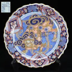 古マイセン 柿右衛門写し 色絵岩牡丹鳥虫絵図 青色 絵皿 19C φ25cm