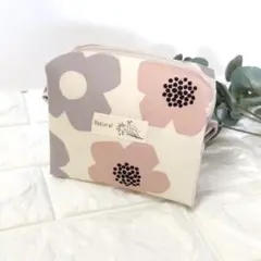 《 小さめ 》 大きな 花 ・ ボックスポーチ ピンク × グレー　＃n1559