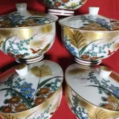 九谷焼 九谷啓峰 金彩花鳥 和歌 蓋付き湯呑み 茶器 未使用品