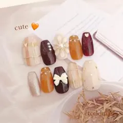 ネイルチップ サイズオーダー ぷっくりフラワー ニュアンス 淡色 冬 リボン