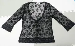 花柄レース 五分袖カーディガン ブラック