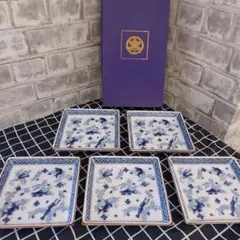 たち吉　遊漁　銘々皿　タチキチ　青い花柄の四角形皿5枚セット