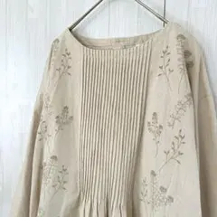クラウドナイン 綿 花刺繍 ピンタック長袖ブラウス ナチュラル M L ベージュ