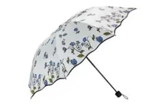 【新品】 晴雨兼用折りたたみ傘　UVカット　花柄　雨傘日傘（白/青色)