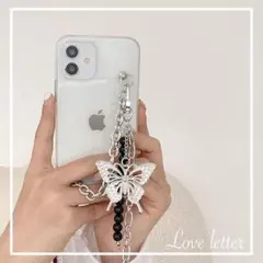 バタフライパールチェーンクリアiPhone12proケース カバー 韓国 量産型