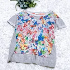 【ジーユー】GU Tシャツ トップス 半袖 グレー 花柄 総柄 カラフル M