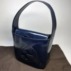 希少色美品GUCCIグッチ ハンドバッグ エナメル インターロッキング ネイビー