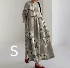 新品 和柄 楽ちん ロングワンピース ポケット付 シック 梅 グレー 2XLまで