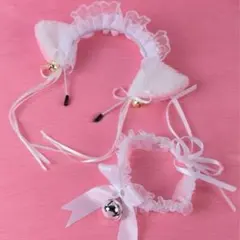 猫耳 カチューシャ コスプレ 首輪 ホワイト 鈴 フリル 量産型 地雷 メイド