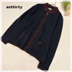 【asthirty】ジップアップ リブニットカーディガン ネイビー×レッド 中肉