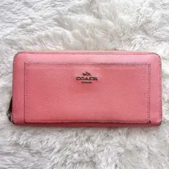 COACH 長財布 ピンク ラウンドファスナー レザー ロゴ