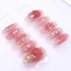 【451】ネイルチップSサイズ ピングラデーション チーク　3D花柄バラ　パール