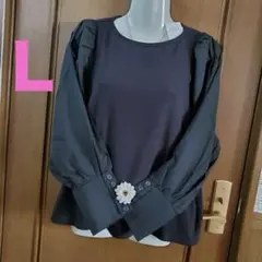 未使用【L】黒色ボリューム袖異素材プルオーバー