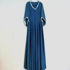 ★ターコイズのレーストリムワンピース マキシ丈 ロング ドレス レトロ Ｖネック