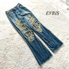 P3【エヴリス】ハイダメージセミワイドデニムパンツ　ヴィンテージライク　S