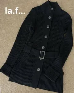la.f... ラ エフ　ベルト付きニットカーディガン　リブ編みセミロング丈　黒