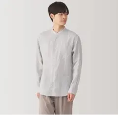 紳士　リネン洗いざらしスタンドカラー長袖シャツ　無印良品　ライトグレー