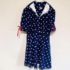 レトロ可愛い♡ 水玉 襟レース ワンピース ネイビー 50'sヴィンテージ風 M