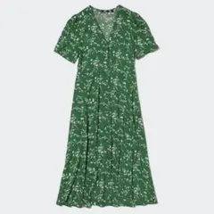 ユニクロ UNIQLO プリントVネックフレアワンピース S グリーン