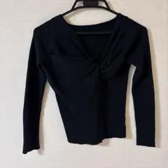 リブ編みドレープネック長袖トップス 黒