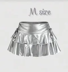 【新品】ティアード フリル ミニスカート シルバー M 合皮風 サイドリボン