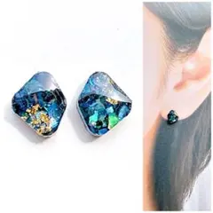 マーブルブルー変形スクエア7mm鉱石ピアス/イヤリング　再販　人気