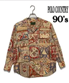 90s POLO COUNTRY 長袖　総柄　オープンカラーシャツ　古着