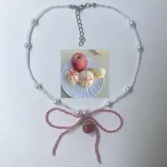 ビーズネックレス ハンドメイド ウィッシュコア y2k リボン リンゴ りんご