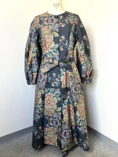 着物リメイク　大島紬コートドレス　花柄 昭和レトロ