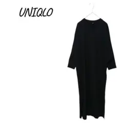 UNIQLO 【M】 ドルマンスリーブ カットソーワンピース 七分袖 無地 黒