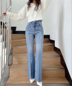 GYDA ハイウエスト フロントスリットフレアデニムパンツ