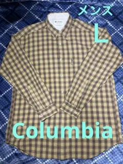 Columbia メンズ長袖、綿100%シャツ 茶色系 チェック柄、Ｌサイズ