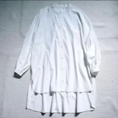 インディヴィ【着るうるおい/美肌効果】ロングブラウス　バンドカラー　白　ゆったりのサムネイル