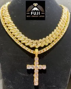 【2点セット】マイアミキューバンネックレス&ブレスレット&クロス付きテニスネック
