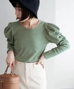Discoat ボーダーリブトップス パフスリーブ 長袖カットソー ディスコート