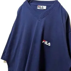 フィラ FILA ロゴ刺繍 Tシャツ ネイビー 紺色 L 古着