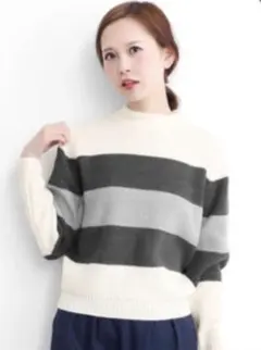 KBF+　ボーダー切り替えショートネックニット