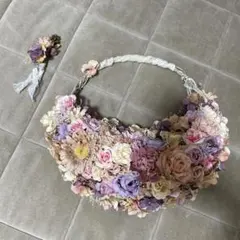 ハンドメイド　ウェディングブーケ　ピンク紫色　　ラウンドブーケ　リースブーケ
