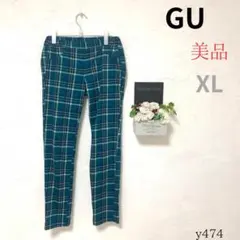 【ジーユー】レディース パンツイージーパンツ チェック 青 ウエストゴム XL