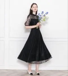 LEJAハイネック花柄レースウエストマーク透けロングドレスワンピース