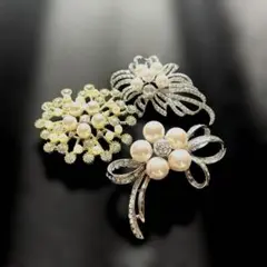 ブローチ　3点セット　セレモニー　フォーマル　アクセサリー　パール　セット