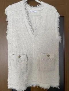 relume アイボリー ニットベスト Vネック フリンジ