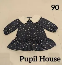 ピューピルハウス 90 紺色 長袖 ワンピース　花柄　襟付き