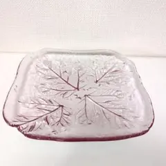 葉模様の透明大皿　昭和レトロ