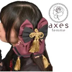 axes femme kawaii 彼岸の白狐会柄リボンバレッタ　和風　ボルドーのサムネイル