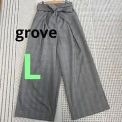 grove グレーチェック柄 ワイドパンツ リボン付き Lサイズ