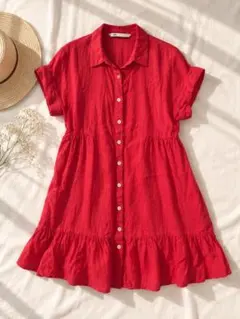 ZARA リネン100% 半袖シャツワンピース レッド