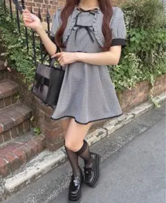 evelyn ダブルリボンロンパース ワンピース セットアップ ギンガムチェック